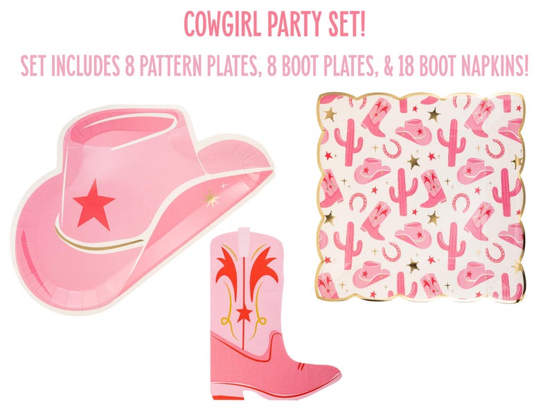 Cowgirl Birthday Party Supplies, Pink Cowgirl Hat Plates, Cowgirl Party, Western Birthday, Rodeo Birthday, Wild West Birthday, Disco Cowgirl Set+Patterned Plates