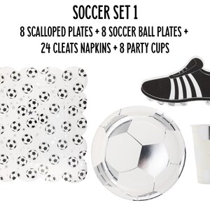 May include: Soccer party supplies set with 8 scalloped plates, 8 soccer ball plates, 24 cleat napkins, and 8 party cups. The plates and cups are silver with black soccer ball designs.