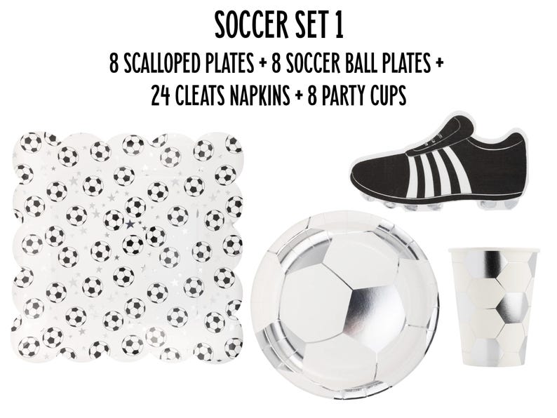 May include: Soccer party supplies set with 8 scalloped plates, 8 soccer ball plates, 24 cleat napkins, and 8 party cups. The plates and cups are silver with black soccer ball designs.
