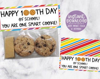 Happy 100th Day of School Taschen Topper, One Smart Cookie, 100 Days of School, Leckerlibeutel Topper, 100 Days Smarter, druckbare Leckerli Tags