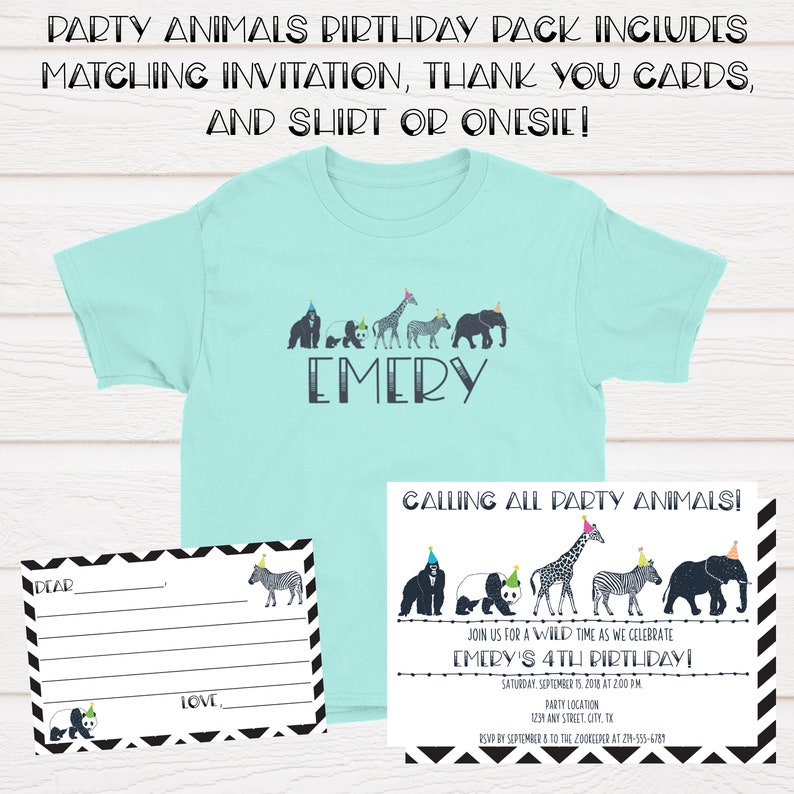 May include: A light blue t-shirt with a line of party animals wearing party hats and the name "EMERY" printed on it.  A matching invitation with a zebra, gorilla, panda, giraffe, and elephant wearing party hats. The invitation says "Calling all party animals!" and "Join us for a wild time as we celebrate Emery's 4th Birthday!"