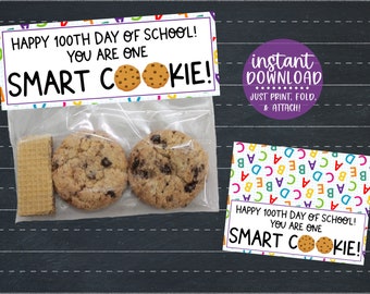 Smart Cookie Bag Topper, Happy 100th Day of School, 100 Days of School, Treat Bag Topper, 100 Days Smarter, Printable Treat Tags