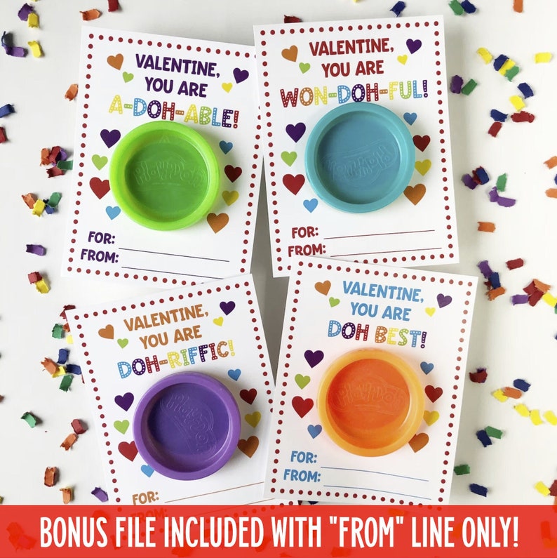 May include: Four printable Valentine's Day cards with Play-Doh containers attached. Each card features a different Play-Doh-themed message: "Valentine, you are A-Doh-Able!", "Valentine, you are Won-Doh-Ful!", "Valentine, you are Doh-Rific!", and "Valentine, you are Doh Best!"