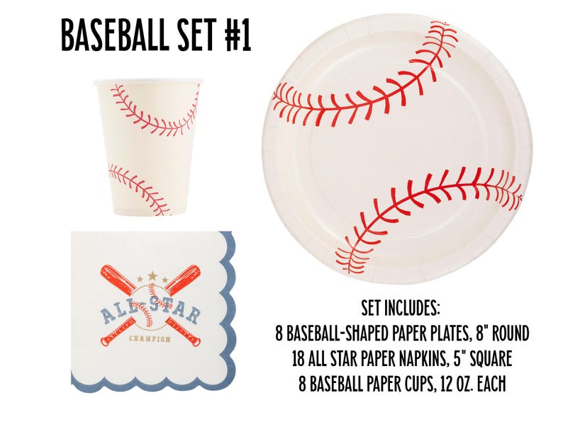 Op de afbeelding: Baseball feestbenodigdheden set met 8 baseballvormige papieren borden, 18 all star papieren servetten en 8 baseball papieren bekers. De borden zijn 20 cm in diameter, de servetten zijn 13 cm vierkant en de bekers zijn 350 ml.