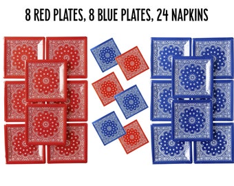 Western Party Supplies, Bandana Plates, Bandana Napkins, Blue and Red Bandanas, Western Tableware, Patriotic Party, 4th of July Party