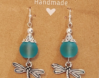 Aqua Blue "Sea Glass" Dragonfly Drop Earrings
