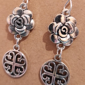 Celtic Knot Earrings - Bright Tibetan Silver - Fine Detail with Silver Roses. Elegant.
