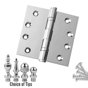 May include: A polished chrome door hinge with a rectangular plate and a central hinge. The image also shows a selection of decorative tips, and a few screws. The text "Choice of Tips" is displayed below the tips.