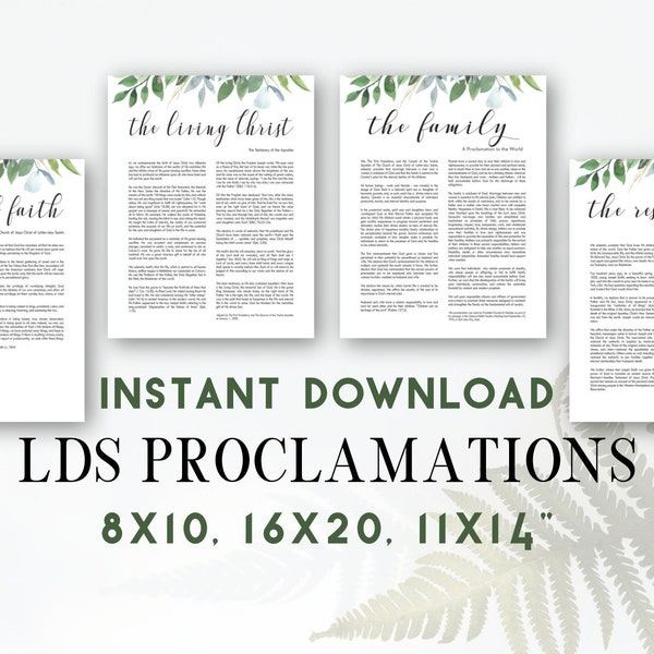 Printable LDS Proclamations: The Family, Living Christ, Restoration, & Articles of Faith 8x10" and 11x14" Watercolor Greenery Top Border