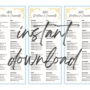 May include: Three vertical printable calendars for 2025, labeled "Doctrine & Covenants," with monthly dates and scripture references. The words "instant download" are written across the image in a script font.