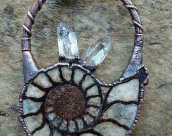 Ammonite and Lemurian quartz pendant