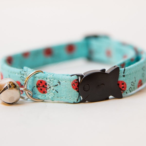 Blue Glitter Ladybug Adjustable Breakaway Cat Collar, Ladybug Cat Collar, Cat Collar, Cat Ladybug Print Collar, Glitter Fabric Cat Collar