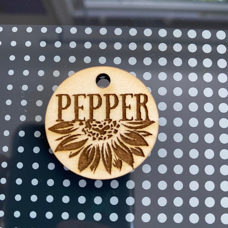 wooden sunflower name print id tag wood sunflower pet tag etsy