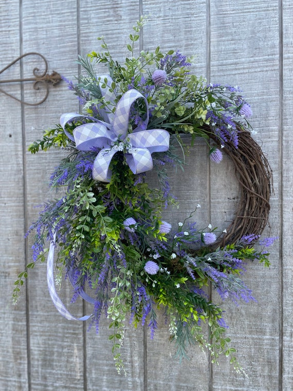 Purple Wreath, Unique Small Lilac and Green Indoor Wreath Flowers