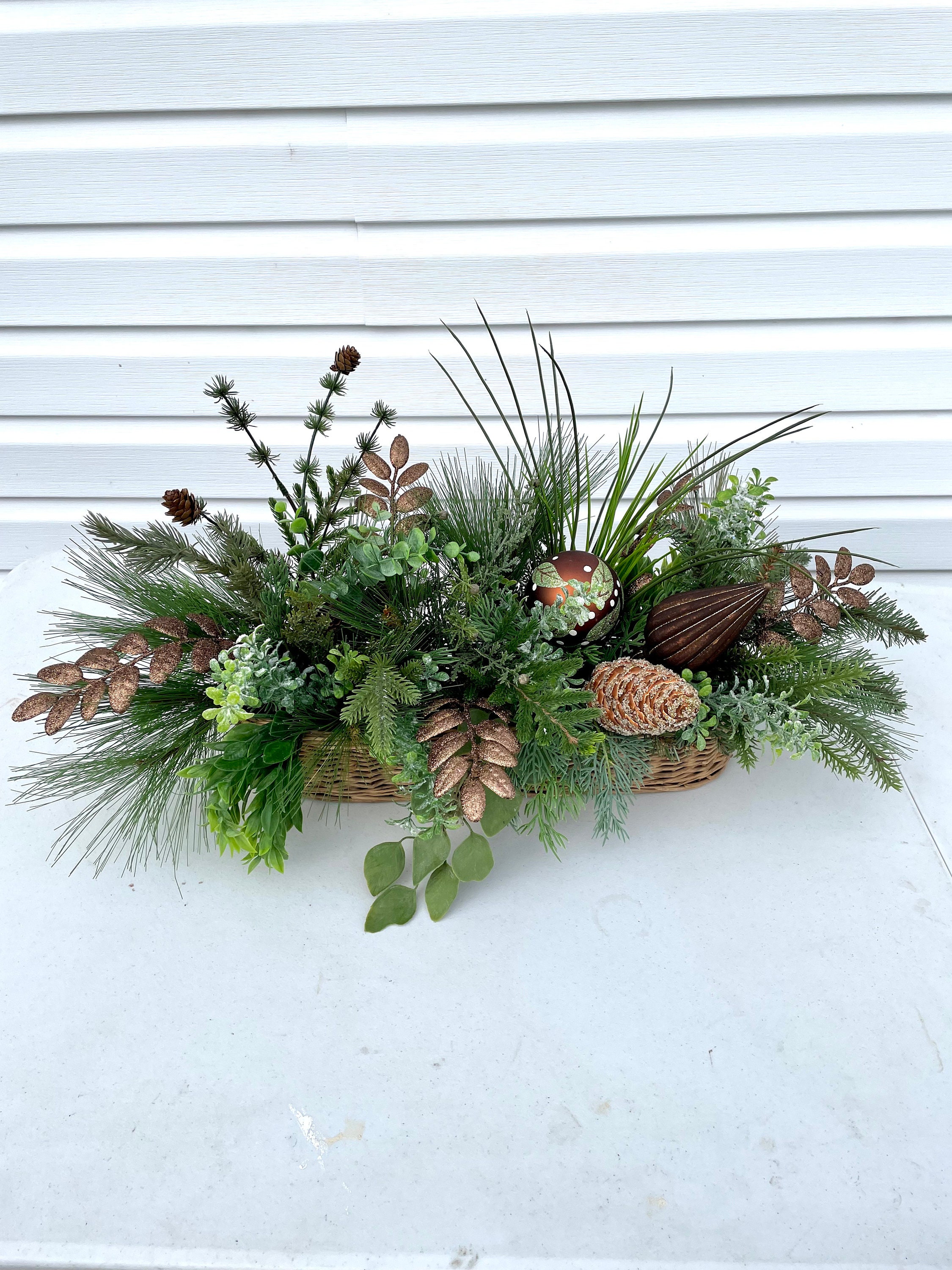 Nearly Natural 12 in. Frosted Pine Cones and Berries Artificial Arrangement  in Vase with Decorative Plaid Bow at Tractor Supply Co.