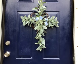Cross wreath, Jesus, Unique Gift for Christians, Looks natural, Simple, minimal front door decor. Lambs ear, interchangeable center