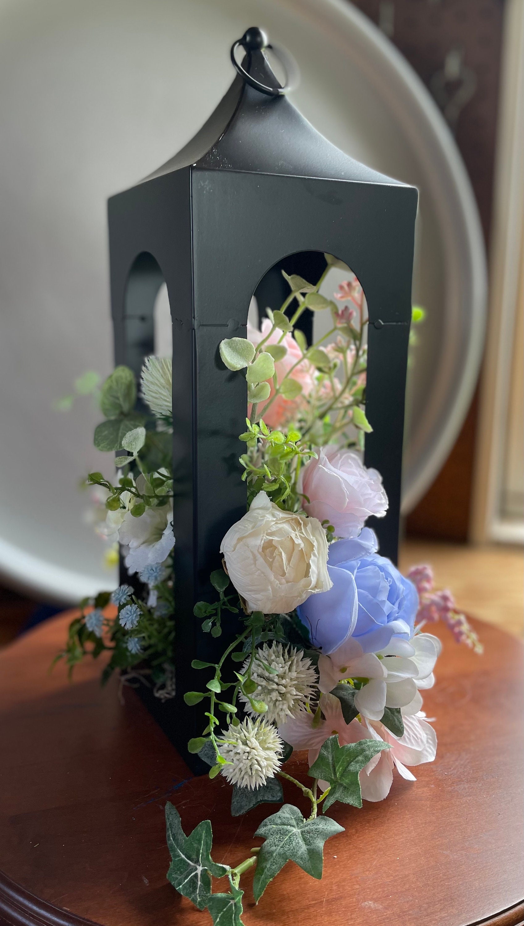 Floral Lantern Centerpiece, Pink Peach Blue Roses, Wedding Table