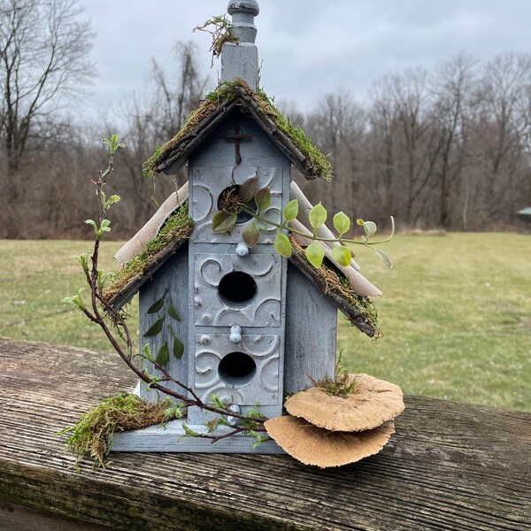 Birdhouse, church, woodland decor, mossy, looks natural, centerpiece for table, gift for mom, Christian, religious, steeple, mushrooms,