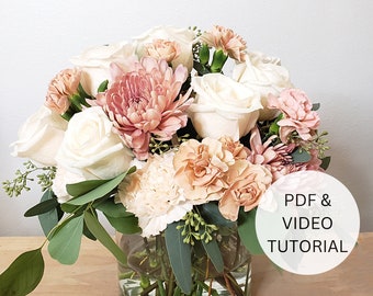 Blush Flower Arrangement Video Tutorial with Step by Step Instructions and Instant Digital Download, Dusty Pink DIY Wedding Centerpiece