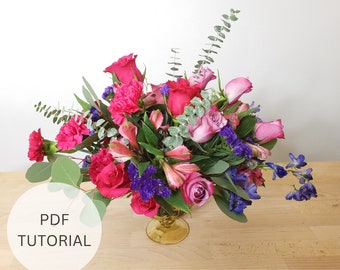 Hot Pink and Purple Flower Arrangement Step by Step Instructions and PDF Instant Digital Download, Lavender DIY Valentine's Day Centerpiece