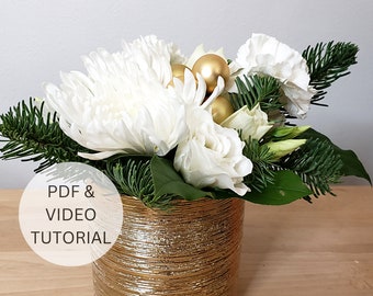White and Gold Flower Arrangement Video Tutorial with Step by Step Instructions & Instant Digital Download, DIY New Year's Centerpiece