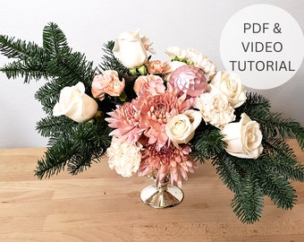 Modern Christmas Flower Arrangement Video Tutorial with Step by Step Instructions & Instant Digital Download, Pink DIY Christmas Centerpiece