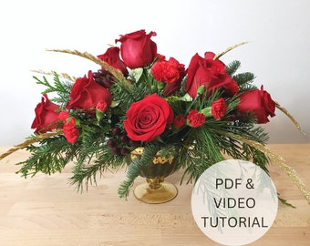 DIY Christmas Centerpiece in Gold Pedestal Vase, Flower Arrangement Video Tutorial with Step by Step Instructions & Instant Digital Download