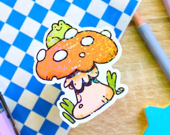 holo froggy on a mushroom waterproof vinyl sticker