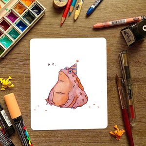 May include: A white card with a hand-drawn illustration of a pink and orange toad wearing a blue and red party hat. The toad is looking up and the card says "N.O." in black text.