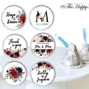 108 Hershey's Kisses stickers - burgundy theme, personalised Stickers, wedding favours, bridal shower favours, R01