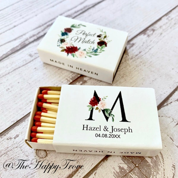 Matchbox favour labels - burgundy themed, the perfect match, match made in heaven, match wedding favour, matches, R01