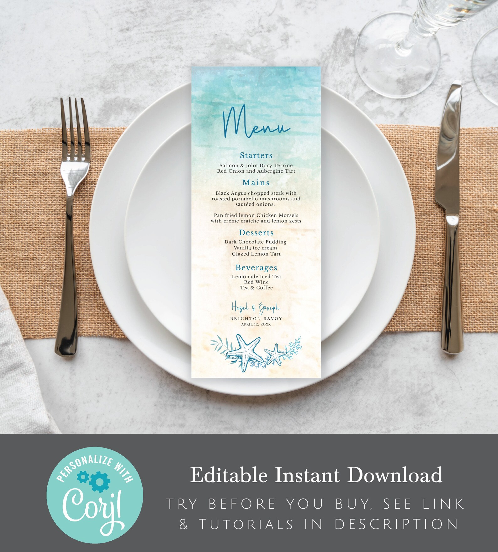 Beach themed Printable Menu editable digital instant | Etsy