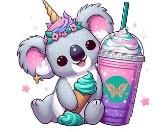 Whimsical Koala Unicorn Frappe Clipart: Junk Journals, Scrapbooking (PNG, JPEG)