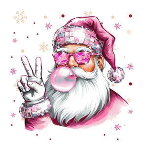 Op de afbeelding: Een roze kerstman met een witte baard en een roze, met pailletten bezette hoed draagt een roze zonnebril en blaast een roze zeepbel. Hij geeft het vredesteken met zijn rechterhand.