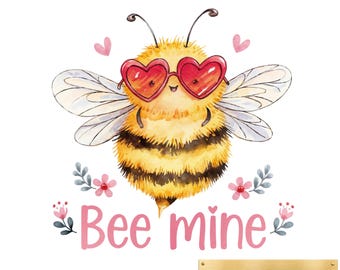 May include: A cute cartoon bee wearing heart-shaped sunglasses and surrounded by pink flowers. The text "Bee mine" is written below the bee in pink letters. A gold label at the bottom reads "3 free designs".