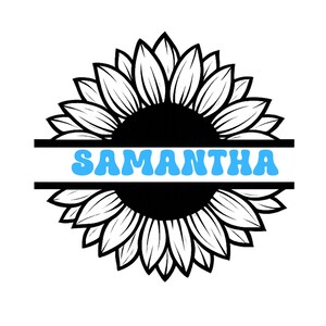 Op de afbeelding: Een zwart-witte grafische illustratie van een zonnebloem met een horizontale splitsing in het midden. De naam SAMANTHA staat in lichtblauwe, dikke, afgeronde hoofdletters in het gespleten gedeelte van het zonnebloemontwerp.