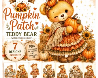 Pompoenpatch teddybeer clipart, grillige aquarel herfstteddy, rustieke boerderij herfstbeer png, herfstteddybeer png, canvas afdrukbare