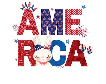 Sparkly America Bunny PNG, 4th of July Design (Digital Download)