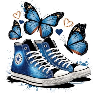 May include: A pair of blue high-top sneakers with white laces and a star design. The sneakers are decorated with blue butterflies and hearts.