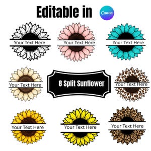 Op de afbeelding: Een digitale grafische set met acht gespleten zonnebloemontwerpen in verschillende kleuren en patronen, waaronder wit, roze, taling, geel, koeienprint en luipaardprint. Elke zonnebloem heeft een horizontale balk met de tekst Your Text Here.