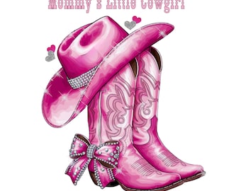 May include: Pink cowboy hat and boots with rhinestones and a pink bow. The hat has the text "Mommy's Little Cowgirl" on it.