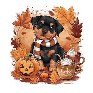 Fall Puppy PNG: Halloween Pumpkins, Coffee, Autumn Leaves (Digital Download)