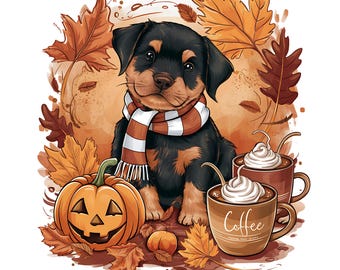 Fall Puppy PNG: Halloween Pumpkins, Coffee, Autumn Leaves (Digital Download)