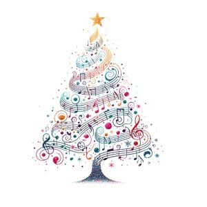 May include: A colourful Christmas tree made of musical notes and swirls. The tree is decorated with a gold star on top and colourful confetti.