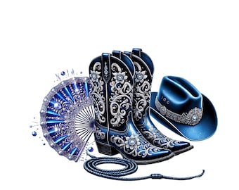Blauwe cowgirl-laarzen, PNG-afbeelding: westernfan en hoed (digitale download)