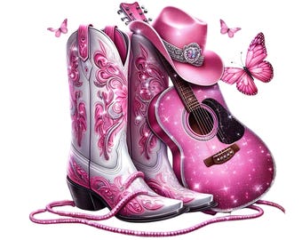 Western Pink Boots and Guitar Watercolor png , Butterfly Cowgirl Boot Clip Art, Country Music Watercolor Clipart, Western Cowgirl PNG