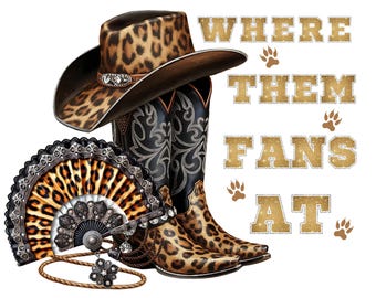 Leopard Print Cowgirl PNG: Retro Western Clack Fan & Cowboy Hat (Digital Download