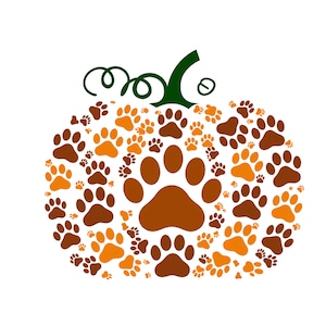 May include: An orange and brown pumpkin shaped from paw prints. The pumpkin has a green stem and a swirl design.