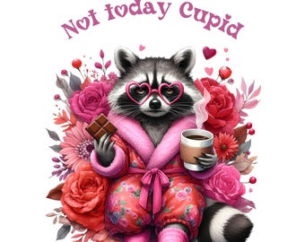 Floral Not Today Cupid PNG – Funny Raccoon Valentine Clipart, Anti Love Sublimation Design