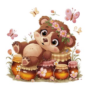Niedlicher Baby-Honigbär, der auf Honigtöpfe mit Schmetterlingen legt, Baby Clipart, Kindergarten Clipart, Vorschul Clipart, niedliches Tier PNG